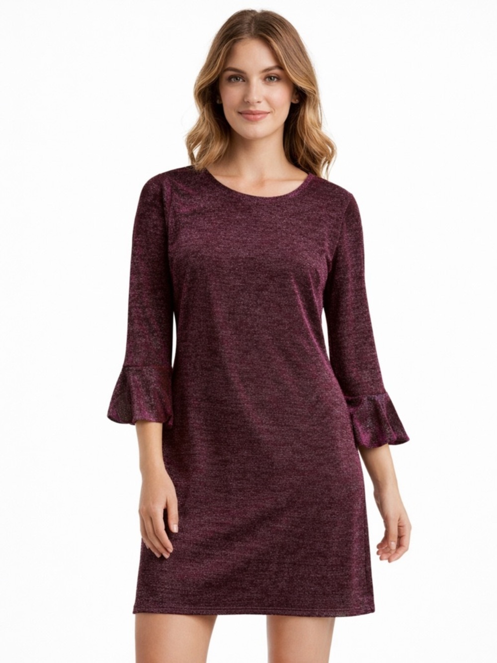 Michael Kors Burgundy Silver Metallic Knit Shift Dress Bell Sleeve Medium Petite